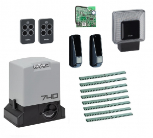 FAAC 740KIT FULL8 Автоматика для откатных ворот 740KIT FULL8, комплект: привод, радиоприемник, 2 пульта, фотоэлементы, лампа, 8 реек